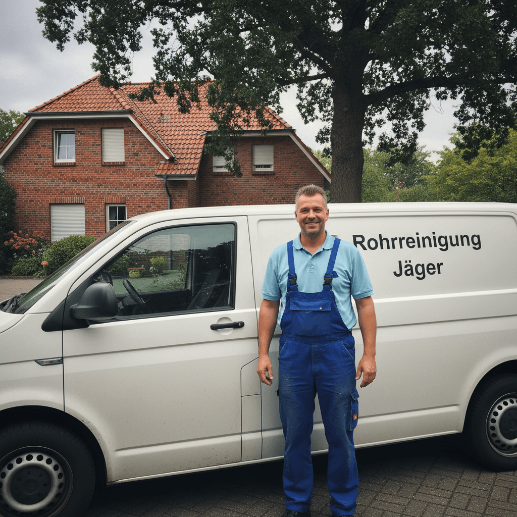 Servicefahrzeug von Rohrreinigung Jäger vor einem lokalen Gebäude